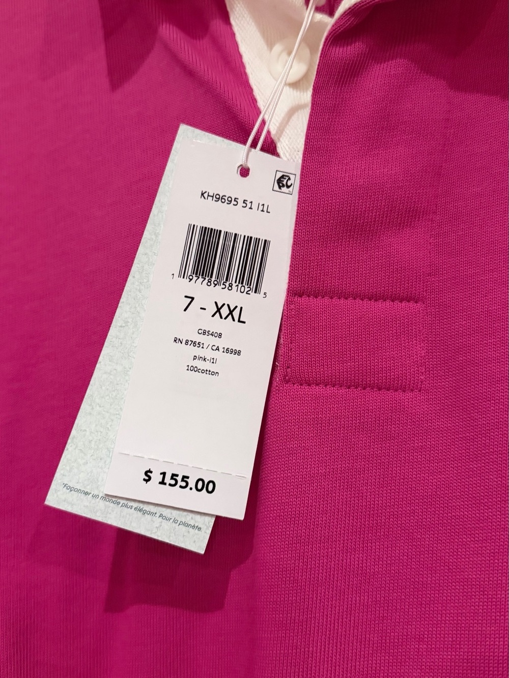 Lacoste Hot Pink Rugby Polo with Red Stripes and White Collar - Picture 3 of 4